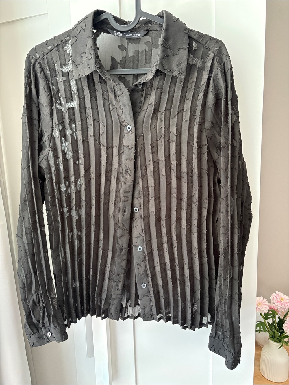Zara Black Semi-Sheer Pleated Texture Button-Down Shirt